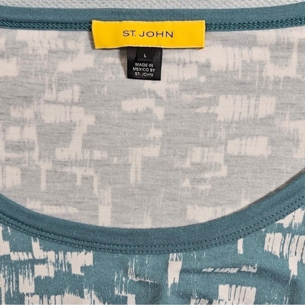 St. John Womens Art‎ Print Top Jersey Knit Cottage L Teal White - Picture 10 of 11